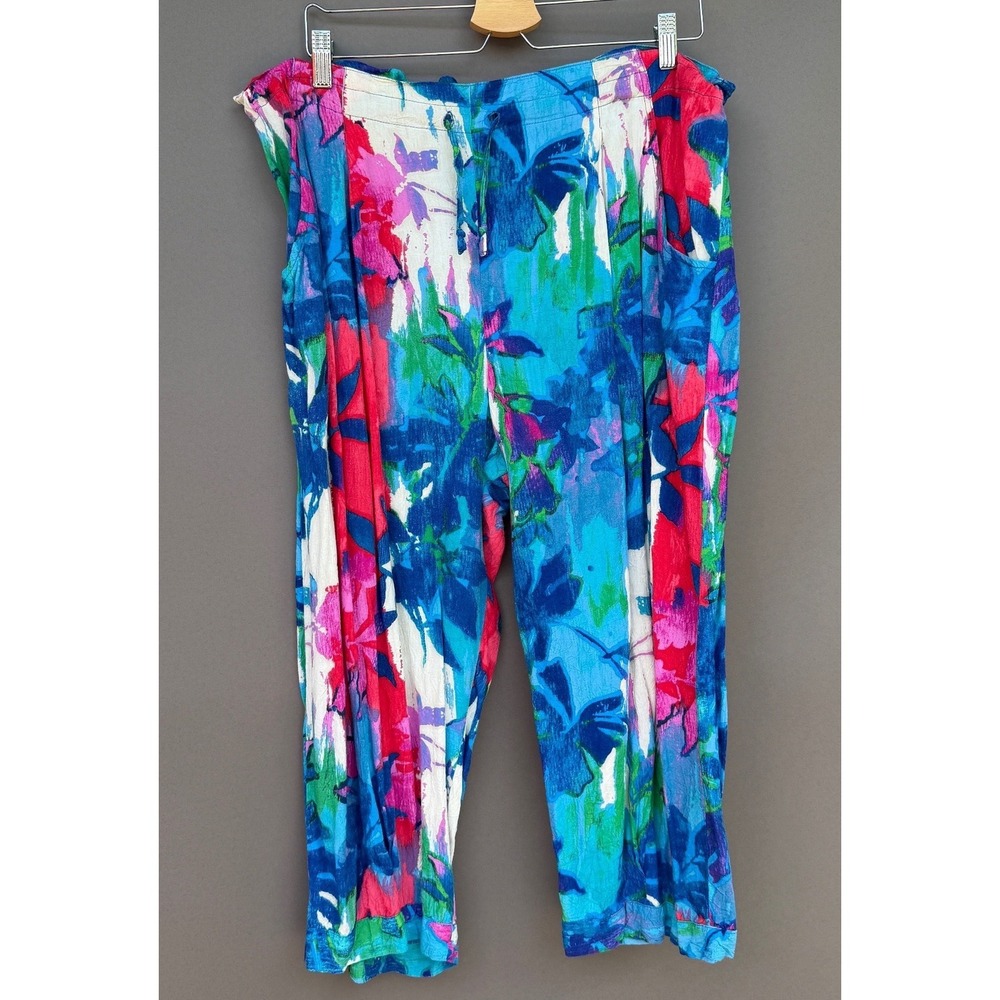 Jams World Rain Leaves Pants Large Blue Pink Floral Rayon Cropped Wide Leg Vtg